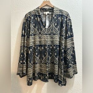 The Weekend Suzzane Betro navy blue taupe paisley floral v neck tunic 4x
